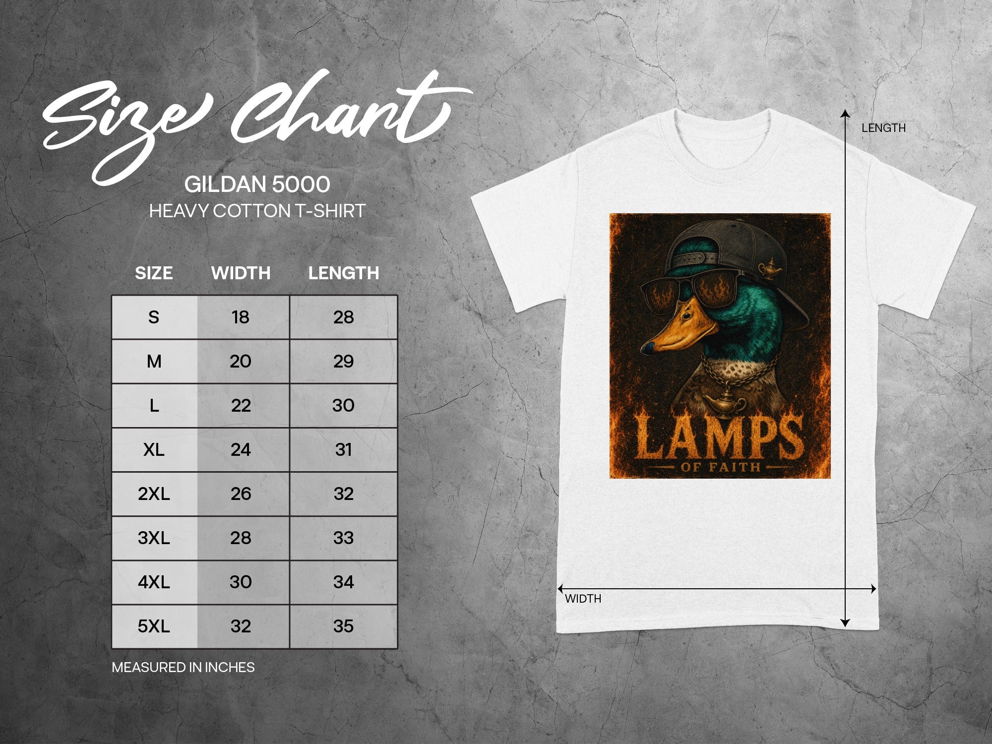 Gildan 5000 size chart with cool duck graphic reading "Lamps of Faith".