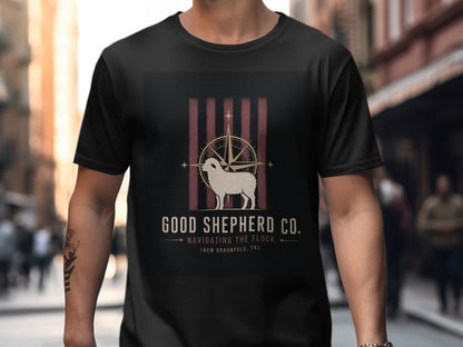 Black t-shirt with "Good Shepherd Co." logo featuring a sheep and compass.