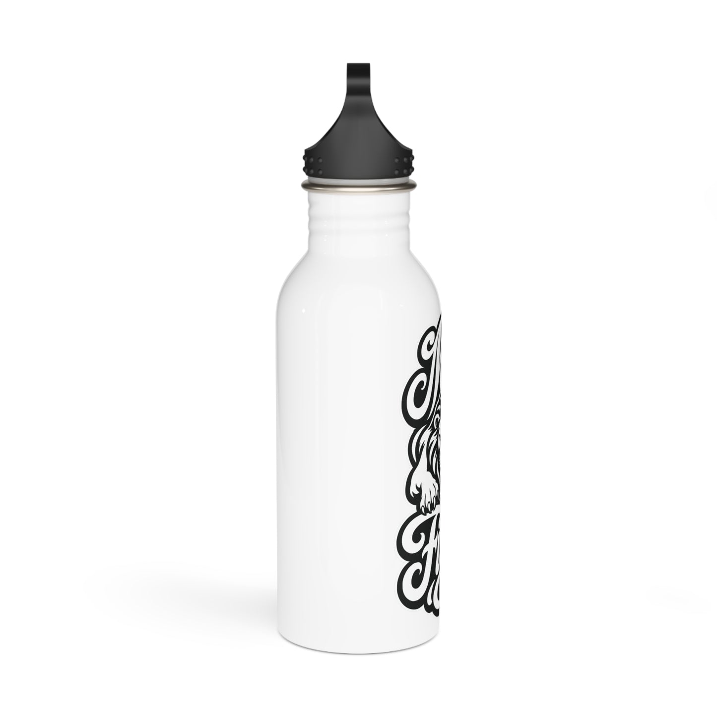 White water bottle with black text and graphic of a dog's face
