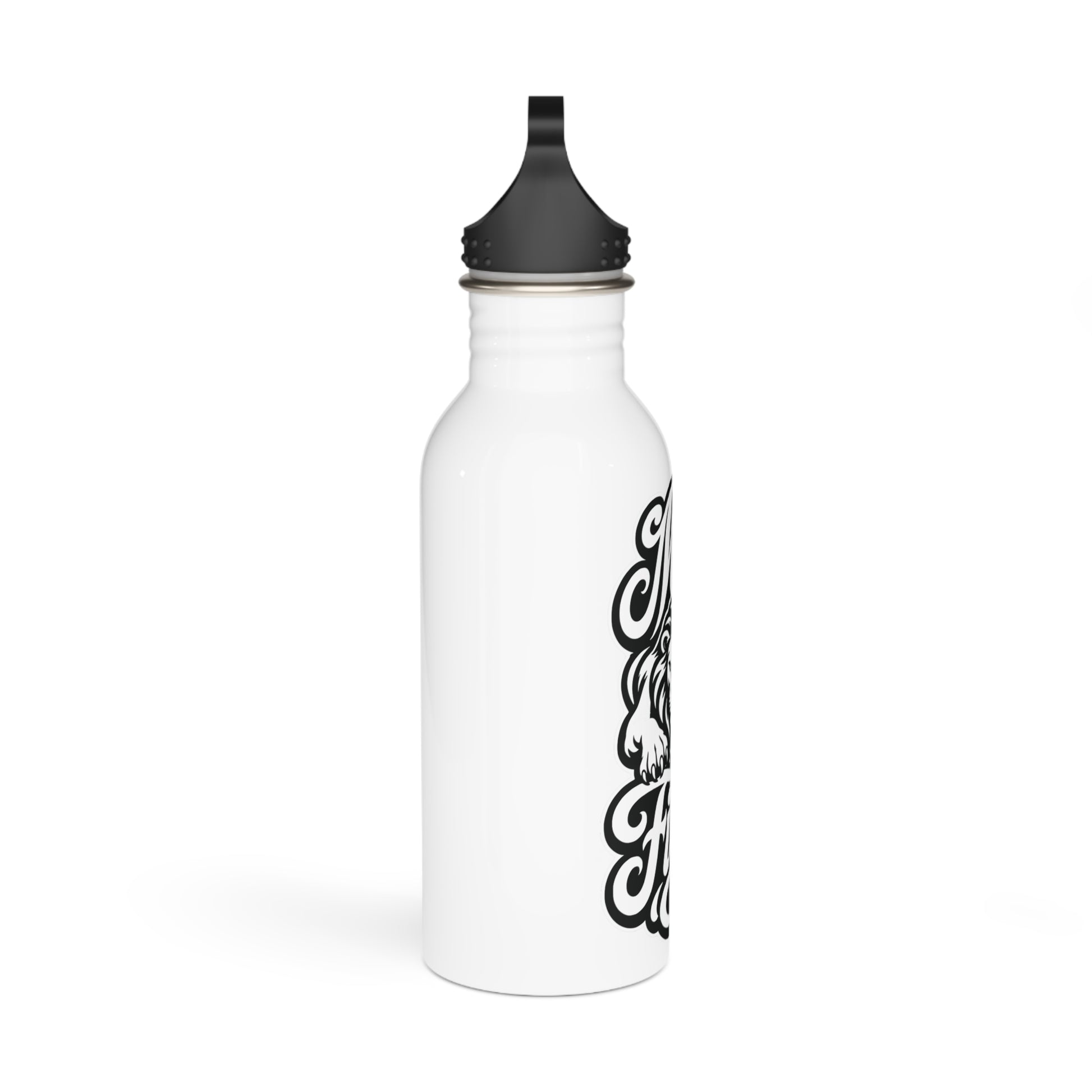 White water bottle with black text and graphic of a dog's face