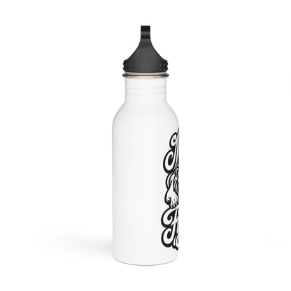 White water bottle with black text and graphic of a dog's face