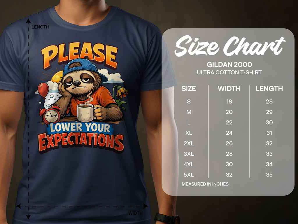 Dark blue t-shirt with sloth graphic reading "Please Lower Your Expectations" and size chart.