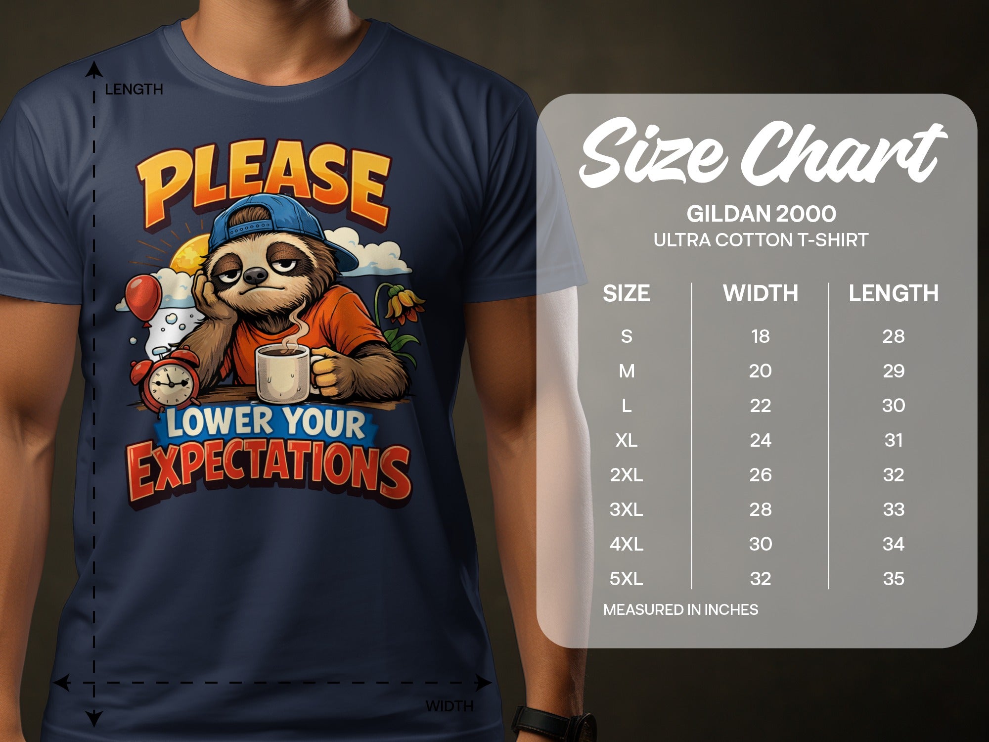 Dark blue t-shirt with sloth graphic reading "Please Lower Your Expectations" and size chart.