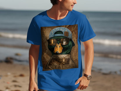 Mallard duck wearing sunglasses and hat with salt and light text below.