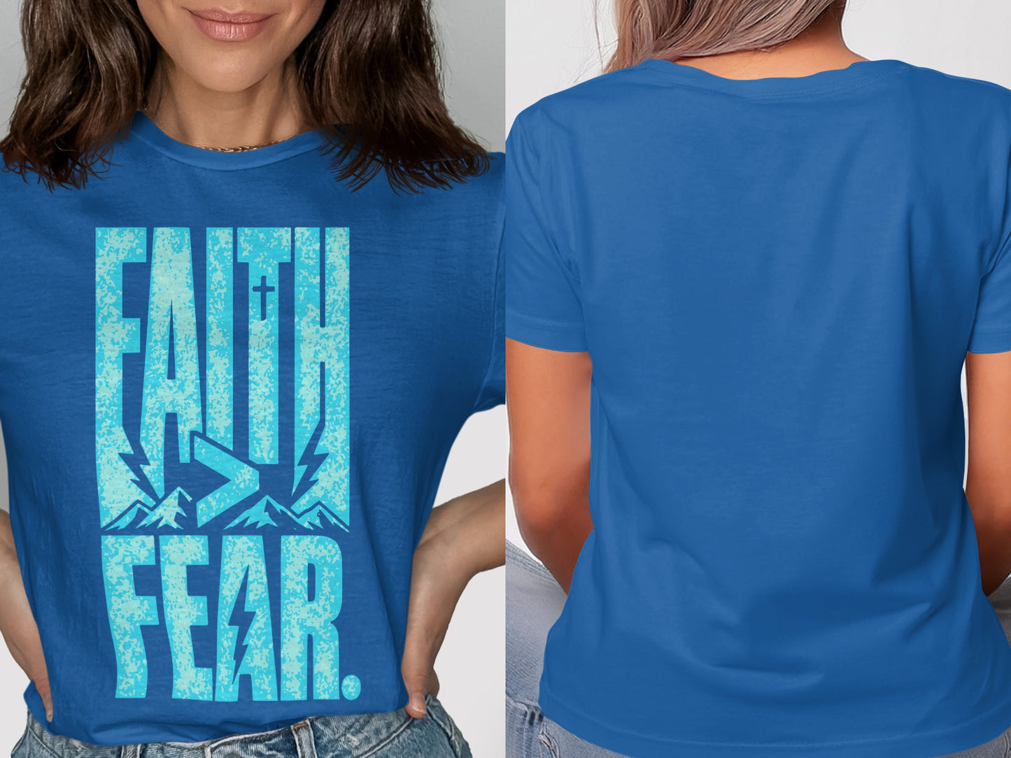 Blue t-shirt with "FAITH > FEAR" text and mountain graphic.