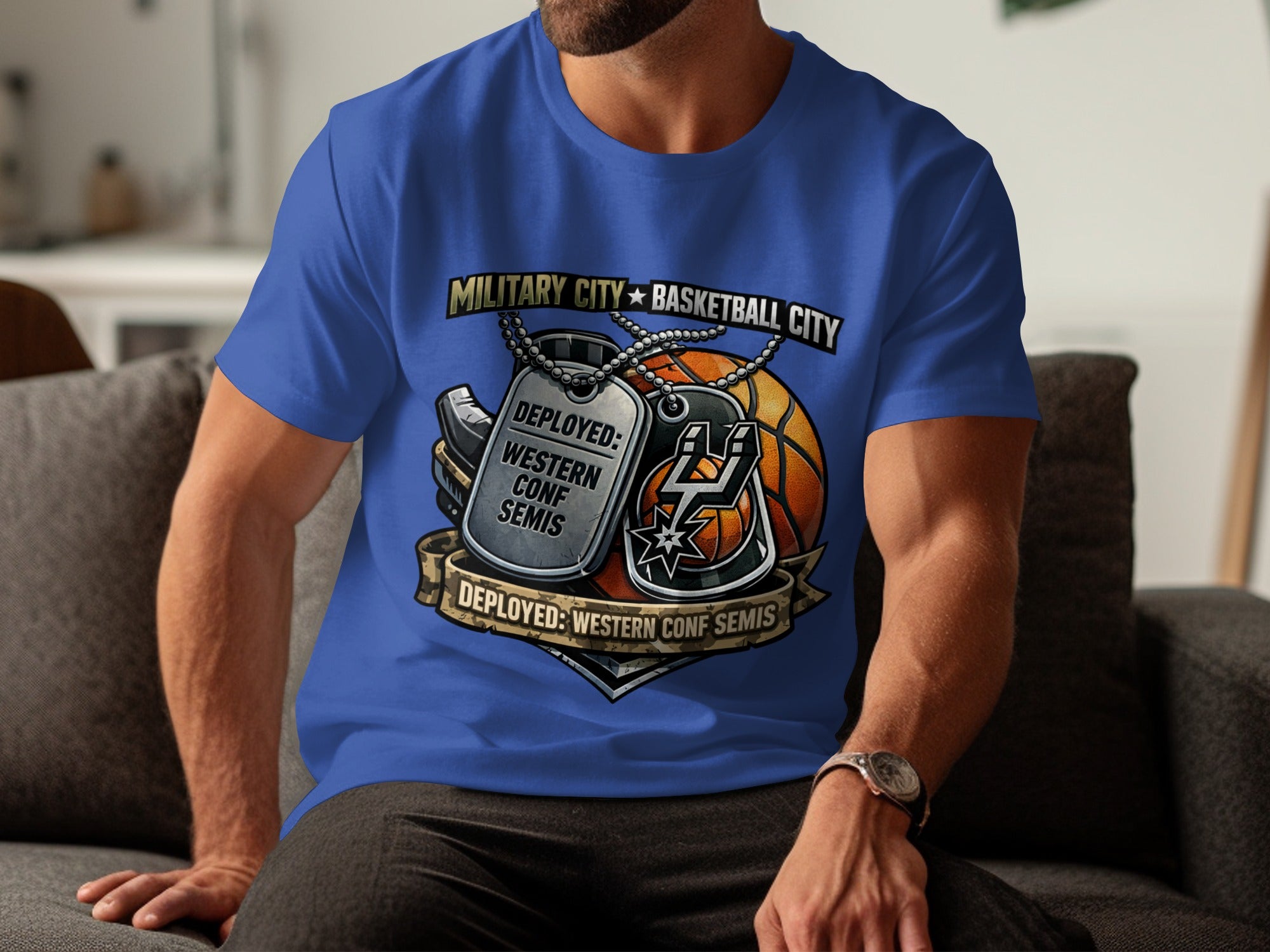 Blue t-shirt graphic with dog tags, basketball, and "Deployed: Western Conf Semis" text.