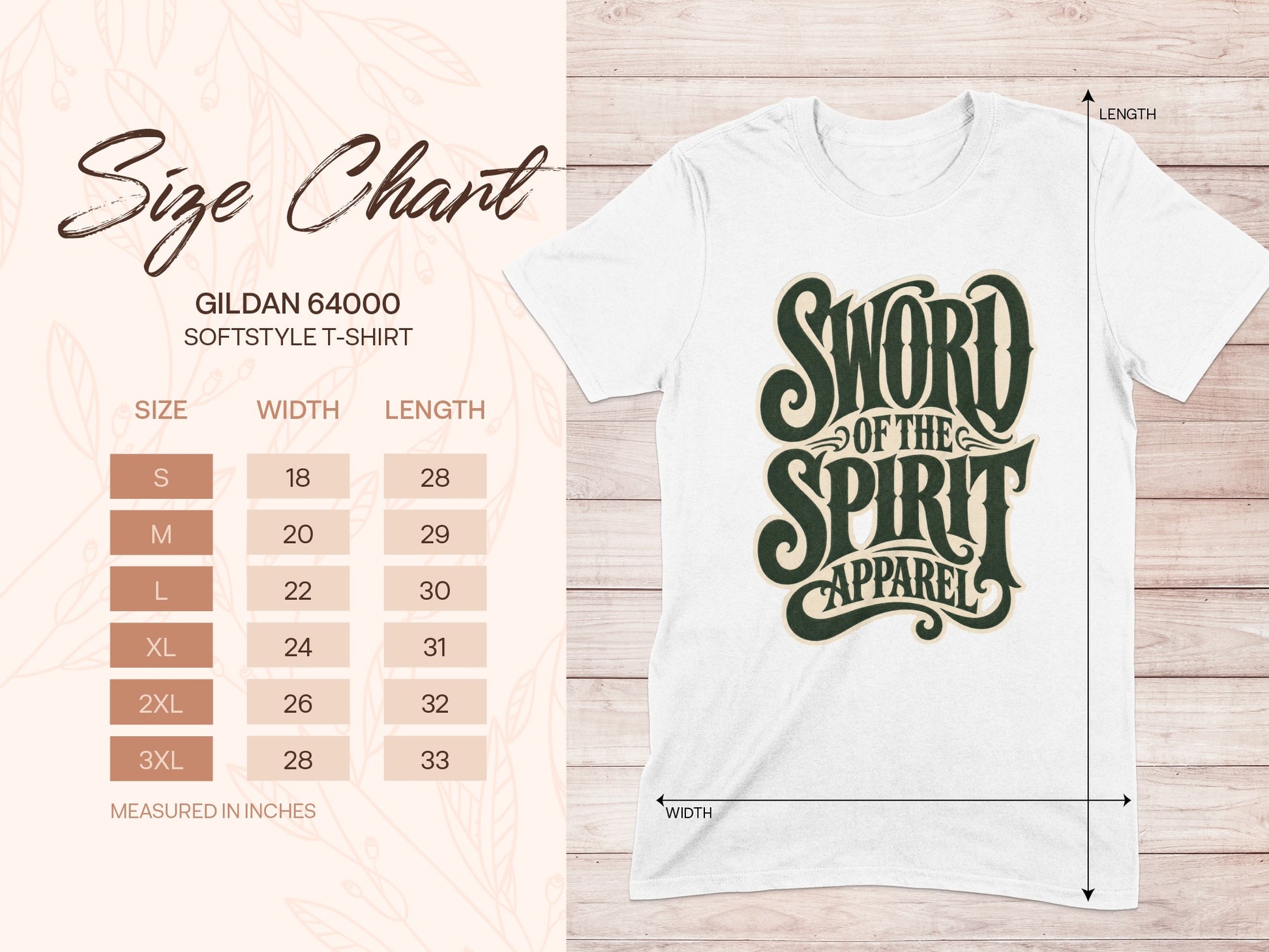 Gildan 64000 softstyle t-shirt size chart with width and length in inches.