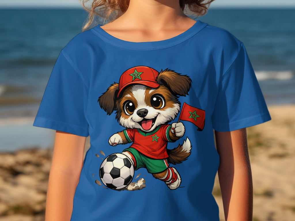 Cartoon dog in soccer uniform with Moroccan flag and ball.