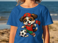 Cartoon dog in soccer uniform with Moroccan flag and ball.