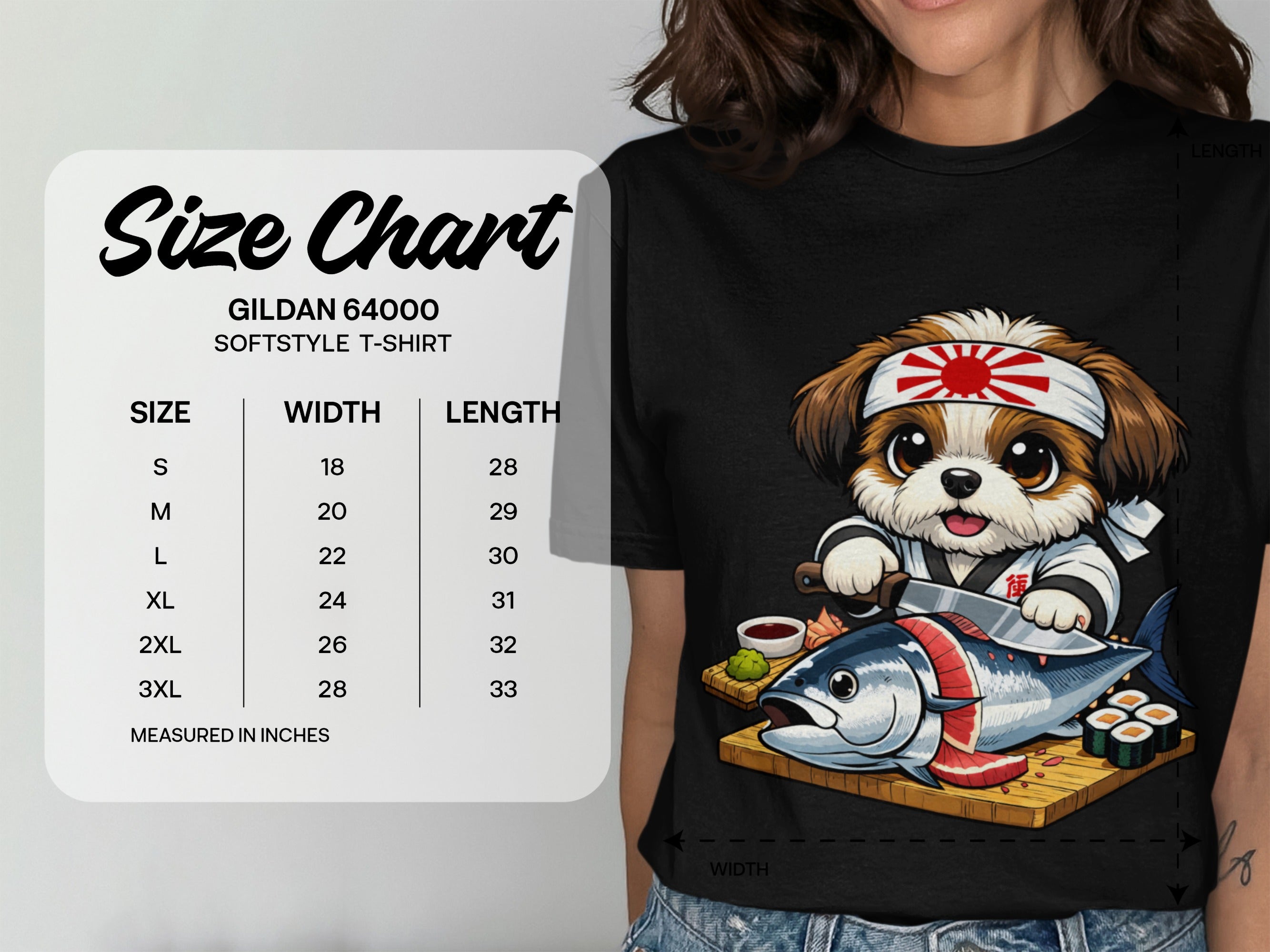 Gildan 64000 size chart for Softstyle t-shirt with measurements.