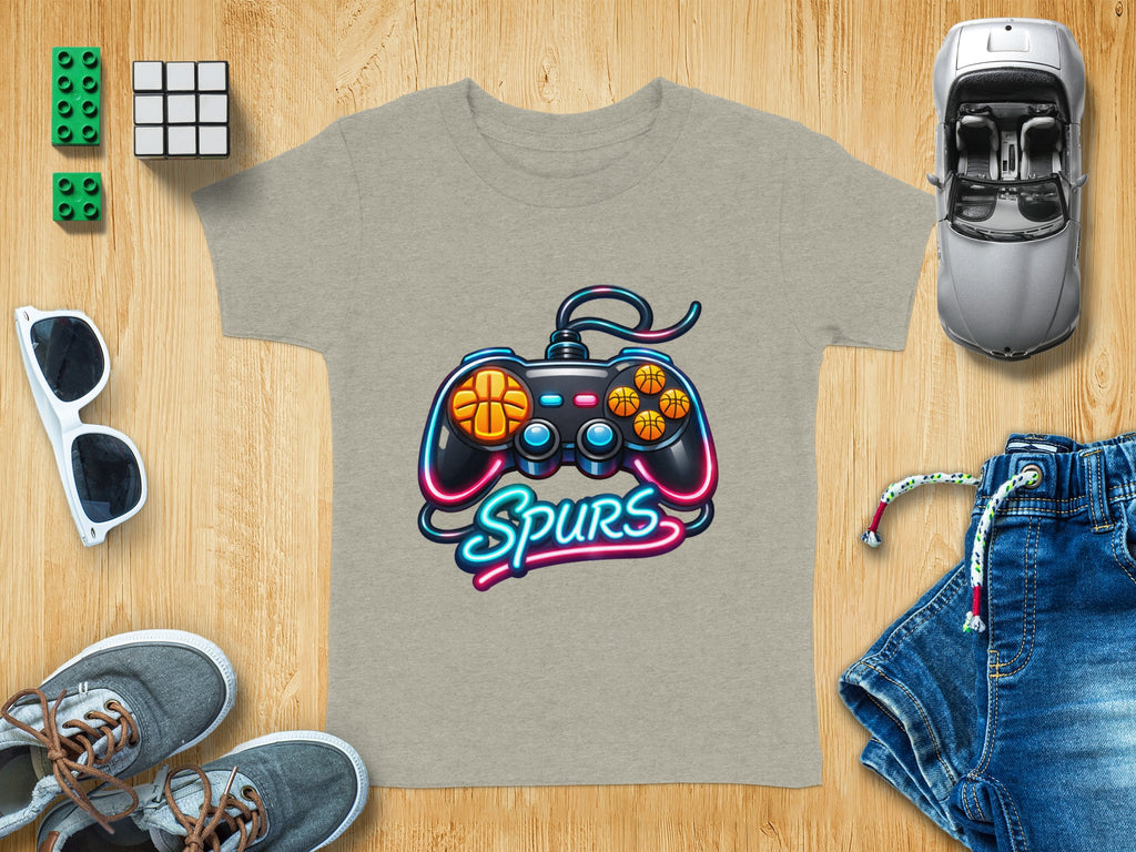 Gray t-shirt with neon video game controller and "Spurs" text graphic.