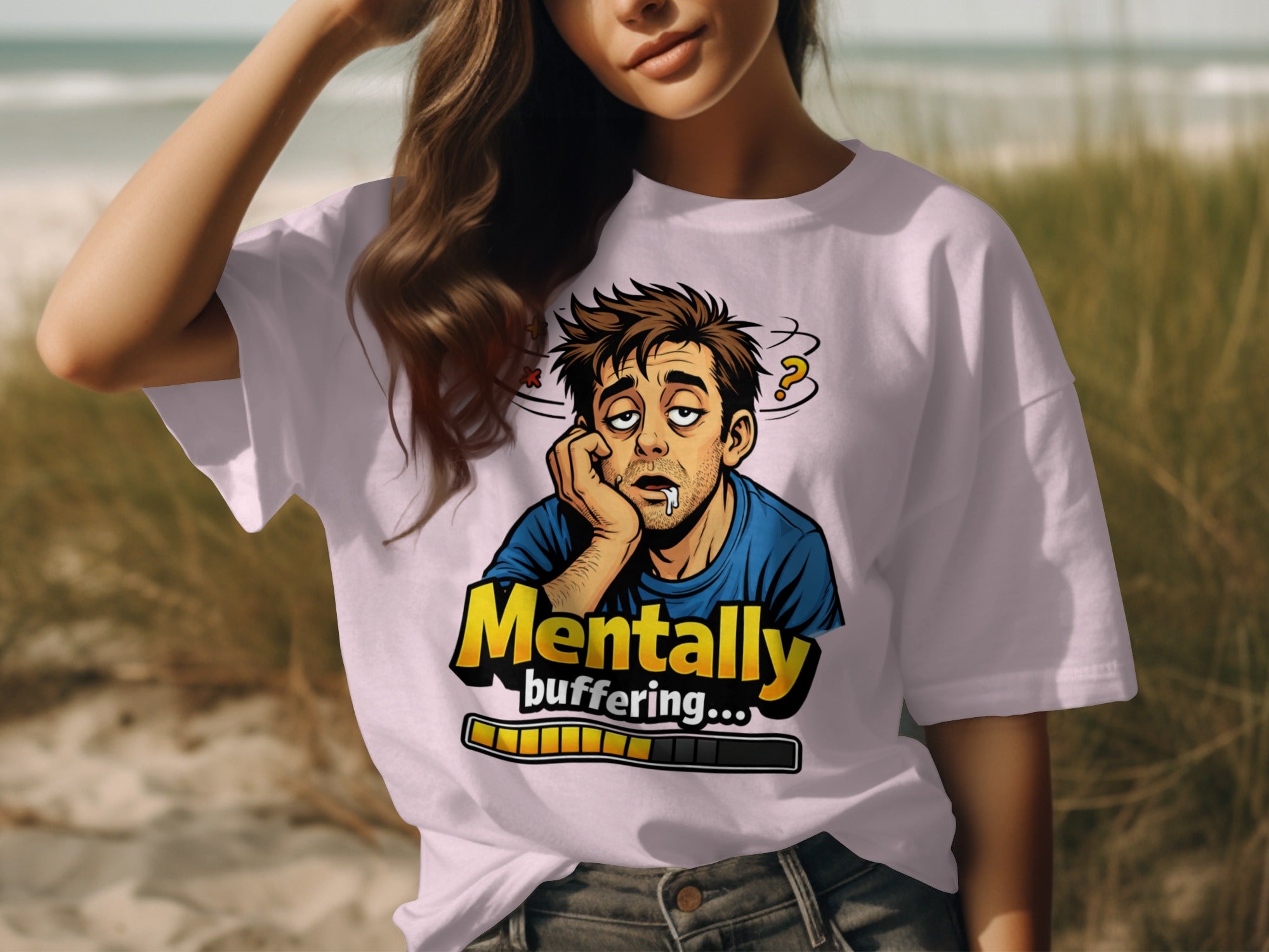 White t-shirt with cartoon of tired man and text "Mentally buffering...".