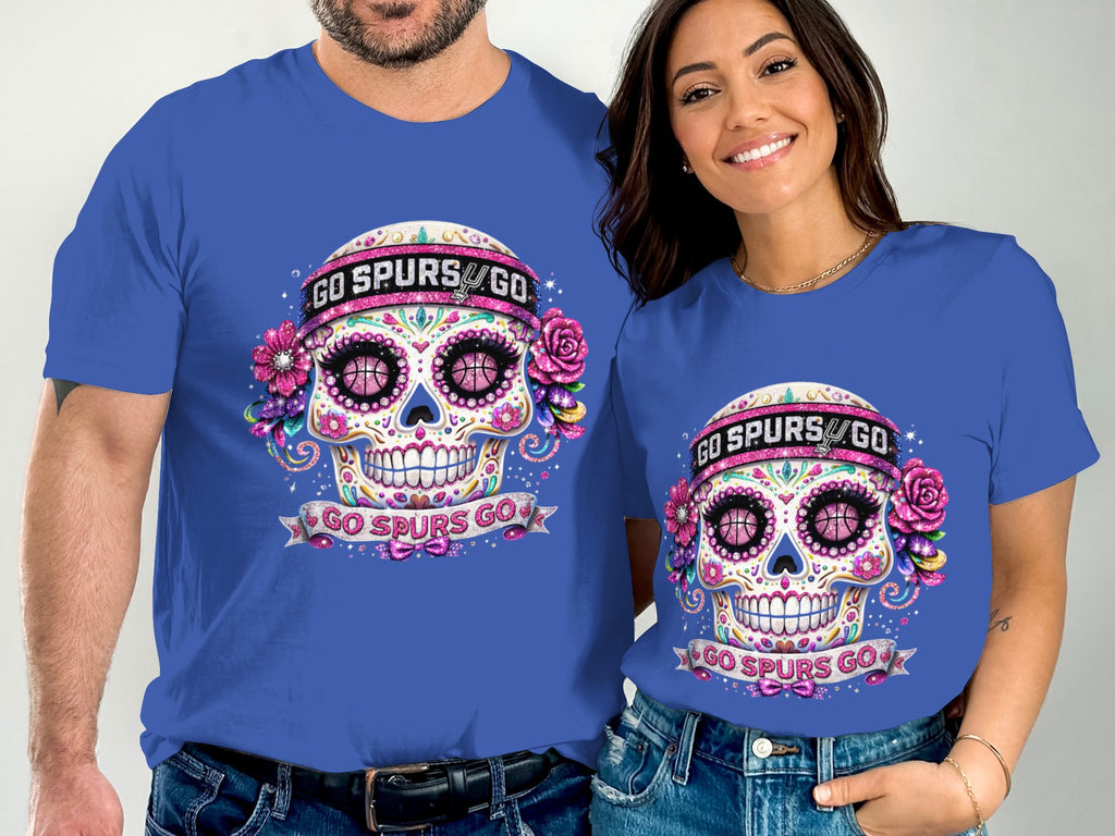 Blue t-shirts with sugar skull graphic reading "GO SPURS GO".