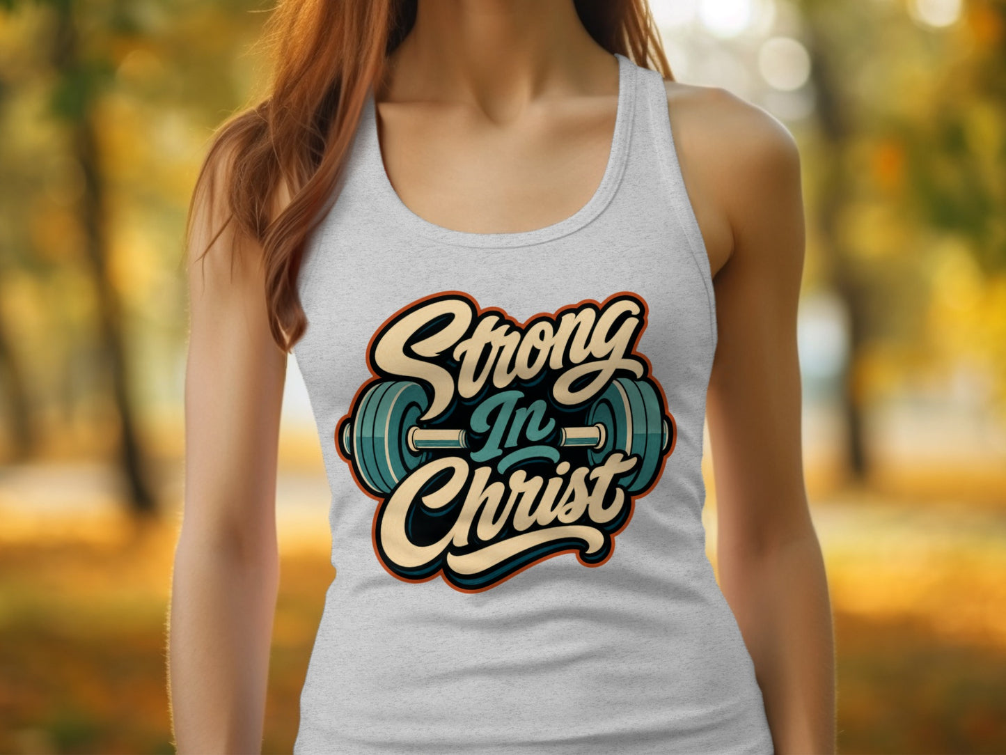 Gray tank top with bold text "Strong In Christ" over a barbell graphic.