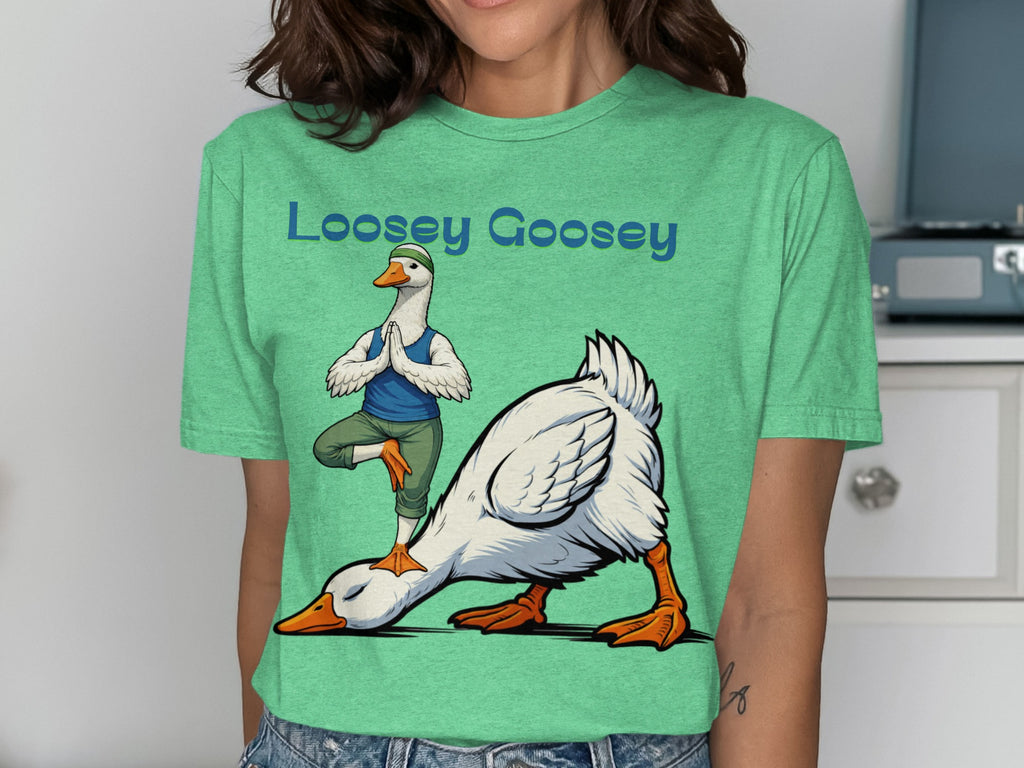 Goose in yoga poses with "Loosey Goosey" text above.