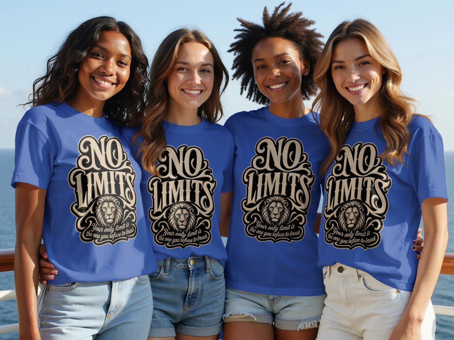 Four smiling women wear blue t-shirts with "NO LIMITS" and a lion graphic.