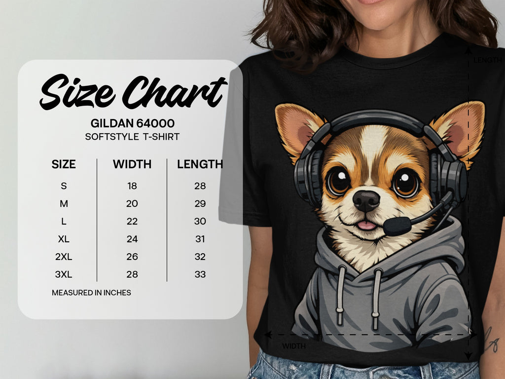 Gildan 64000 Softstyle T-shirt size chart with width and length measurements in inches.