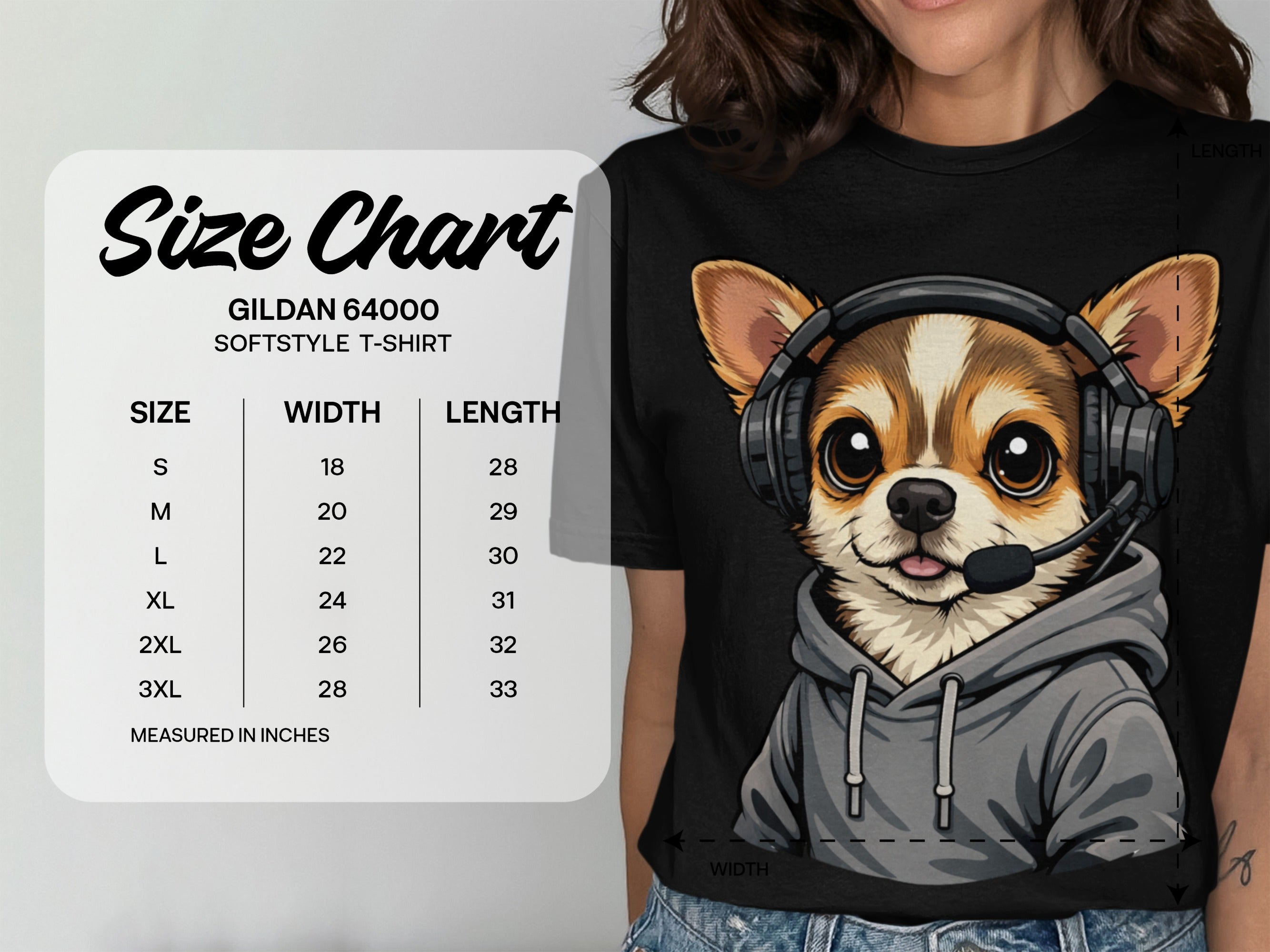 Gildan 64000 Softstyle T-shirt size chart with width and length measurements in inches.