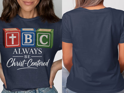 Navy t-shirt with blocks spelling TBC and text "Always Be Christ-Centered".