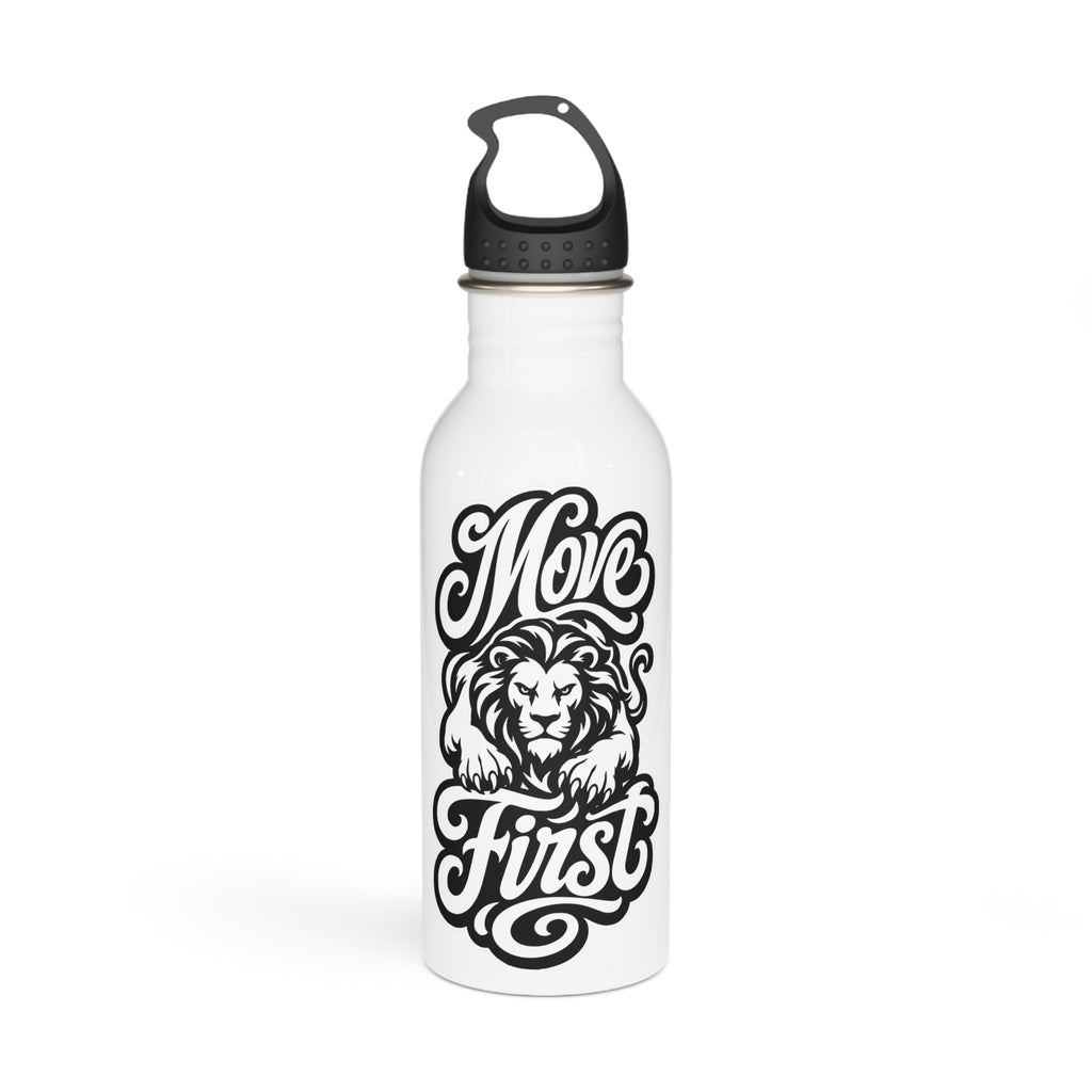 White water bottle with "Move First" text and a lion design.