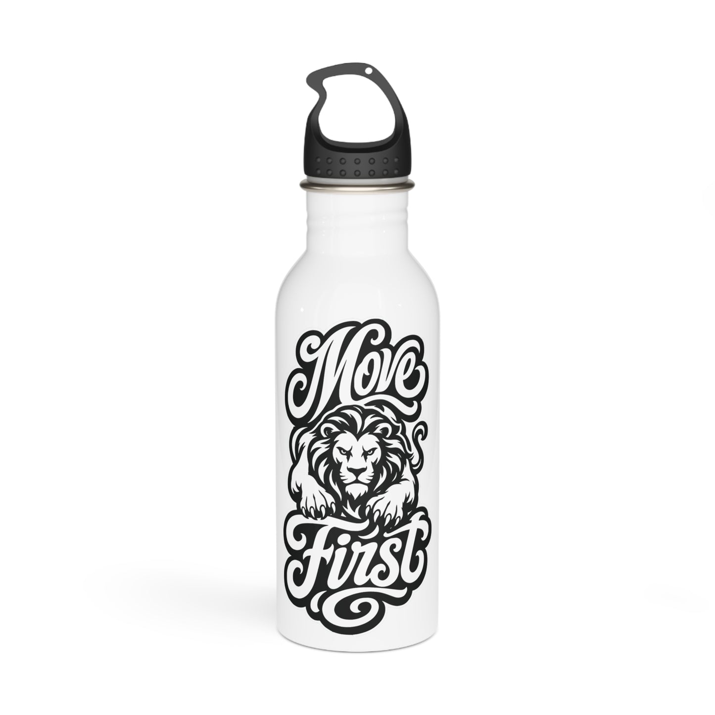 White water bottle with "Move First" text and a lion design.
