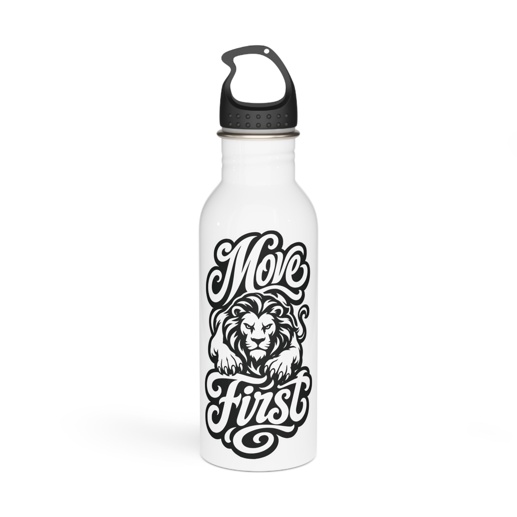 White water bottle with "Move First" text and a lion design.