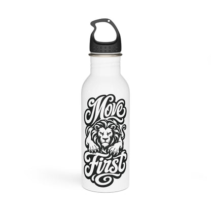 White water bottle with "Move First" text and a lion design.