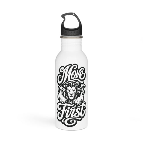 White water bottle with "Move First" text and a lion design.