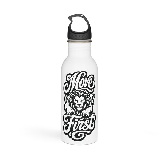 White water bottle with "Move First" text and a lion design.