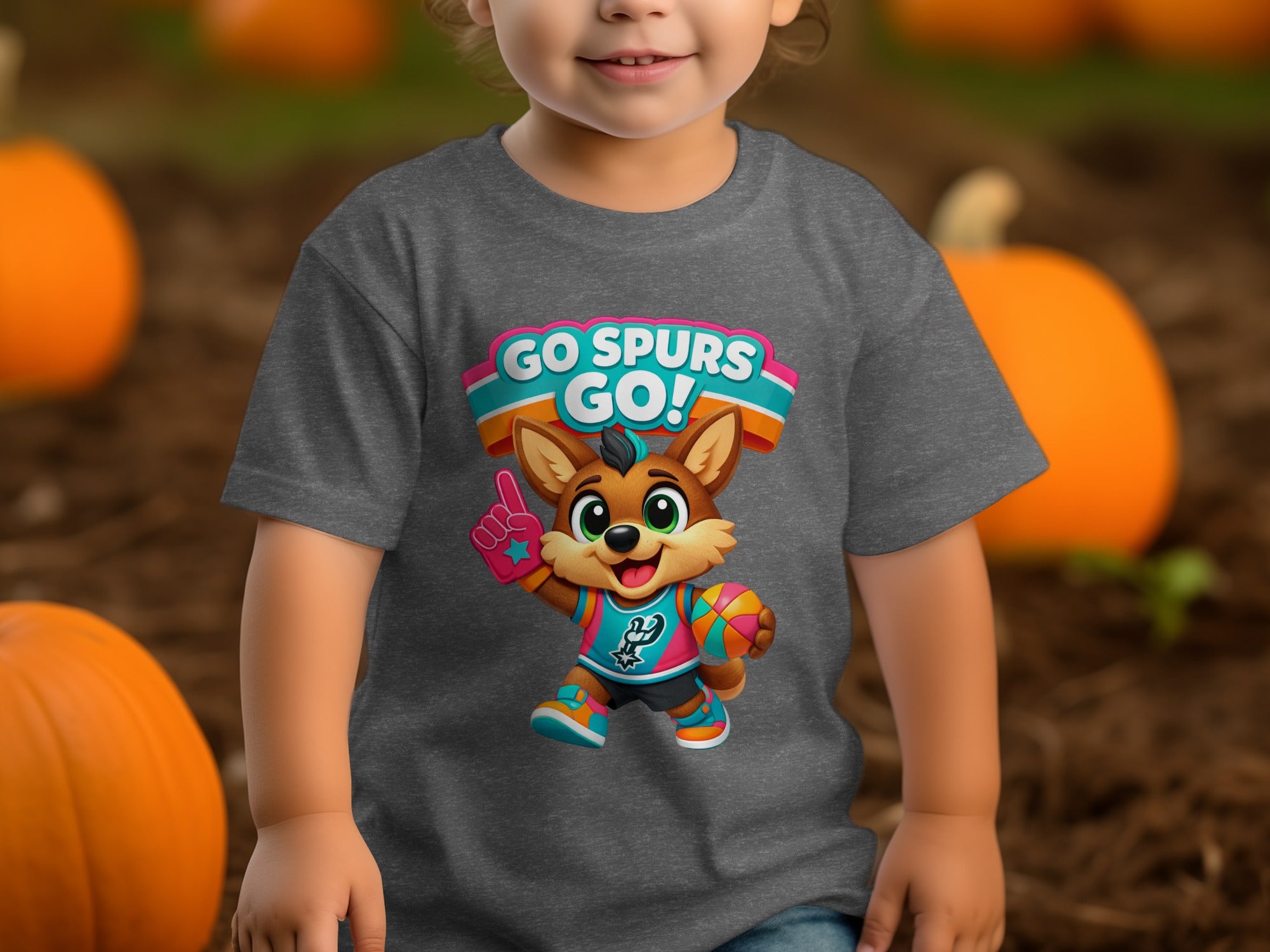 Toddler in gray t-shirt with "Go Spurs Go!" cartoon and basketball.