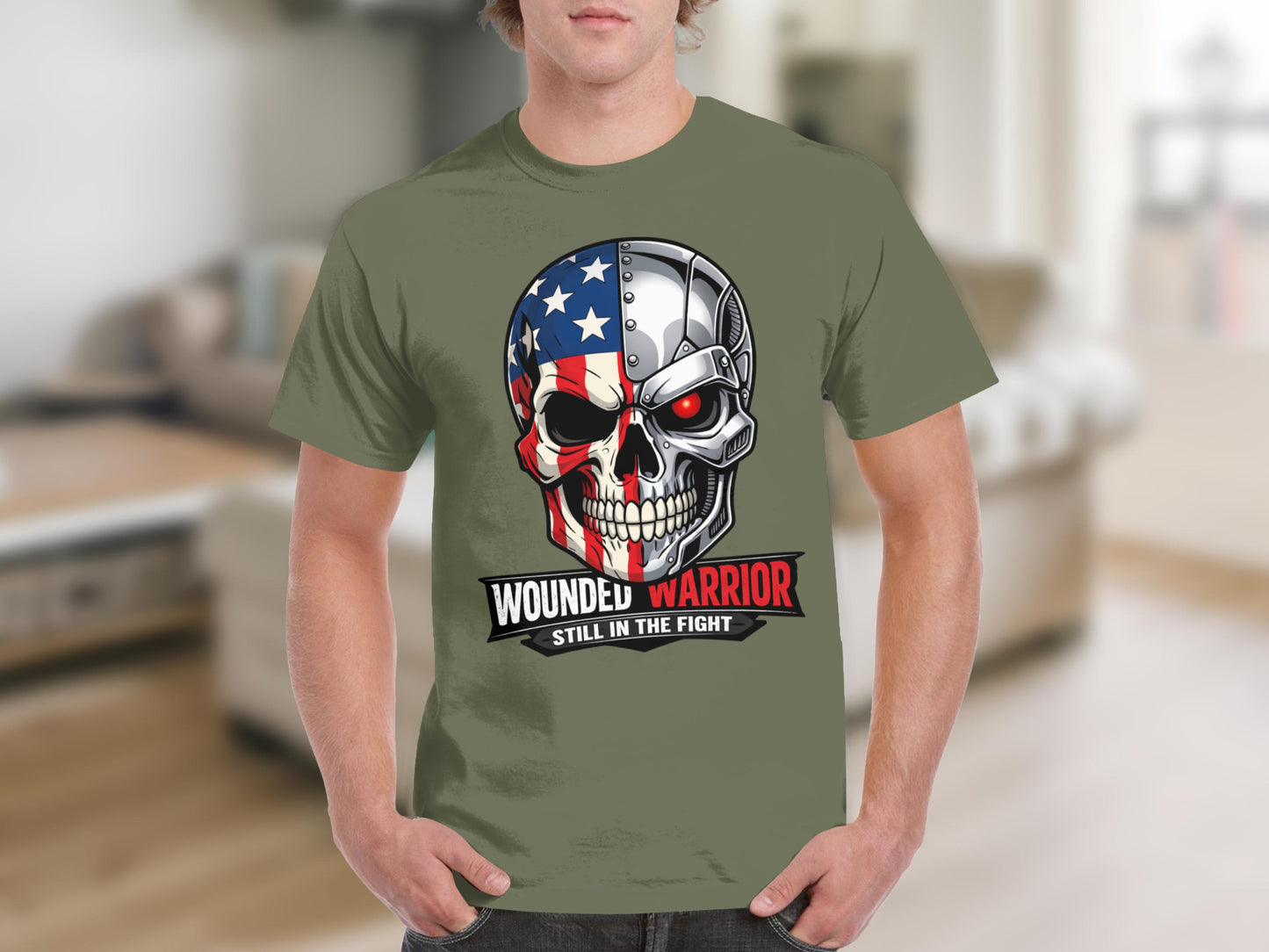 Skull with American flag and metallic features on a green t-shirt with text.
