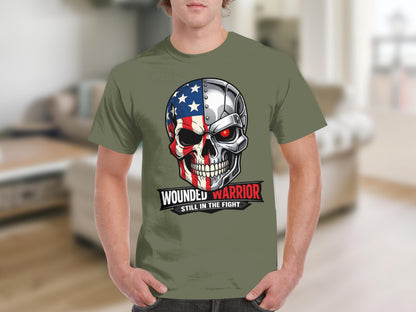 Skull with American flag and metallic features on a green t-shirt with text.