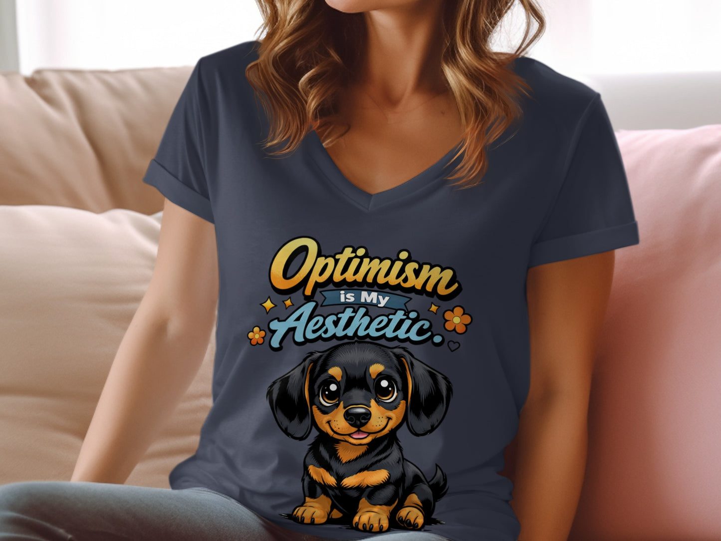 Dark blue t-shirt with "Optimism is My Aesthetic" and a cartoon dachshund.