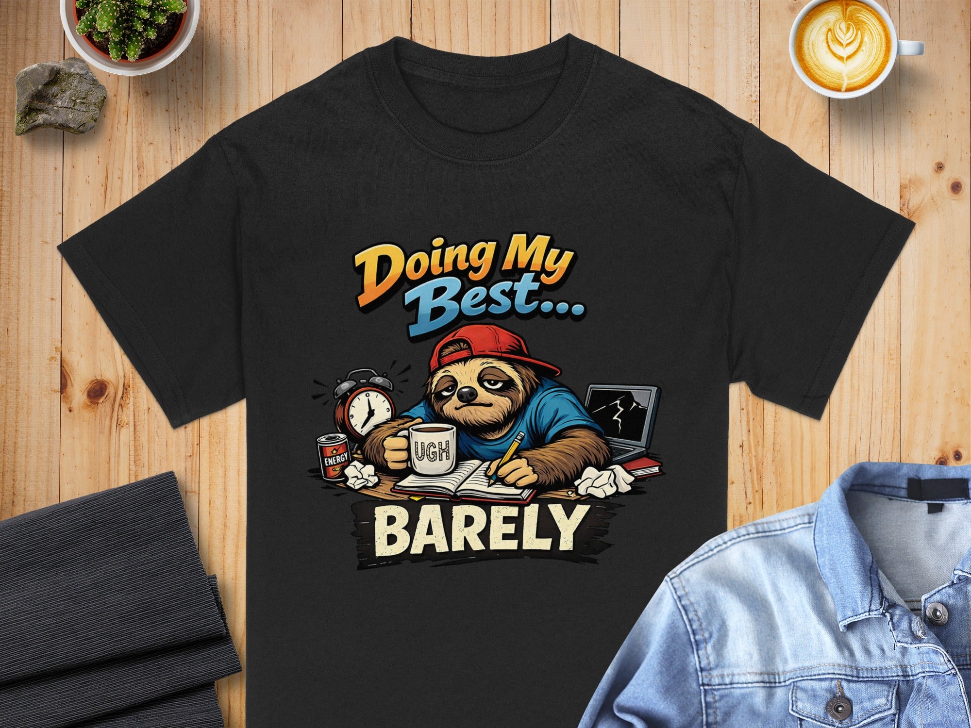 Black t-shirt with cartoon sloth text "Doing My Best... BARELY" and coffee cup.