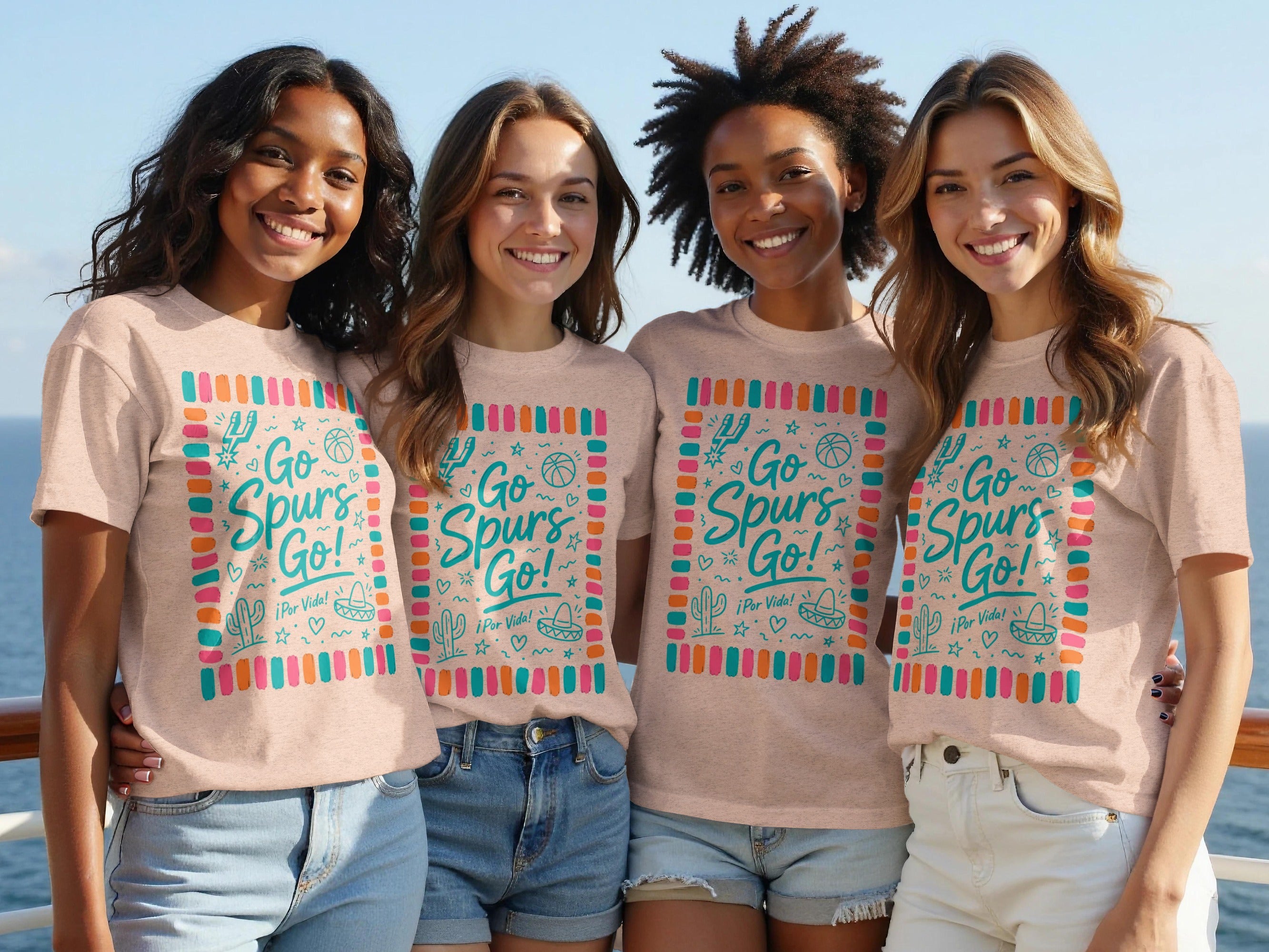 Four women wear matching t-shirts with "Go Spurs Go!" and graphics.