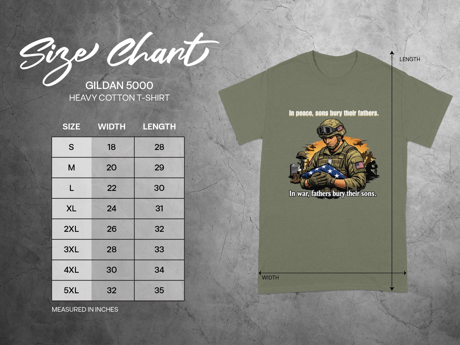Gildan 5000 heavy cotton t-shirt size chart with graphic of soldier and American flag.