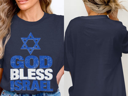 Navy t-shirt with Star of David and text "God Bless Israel."