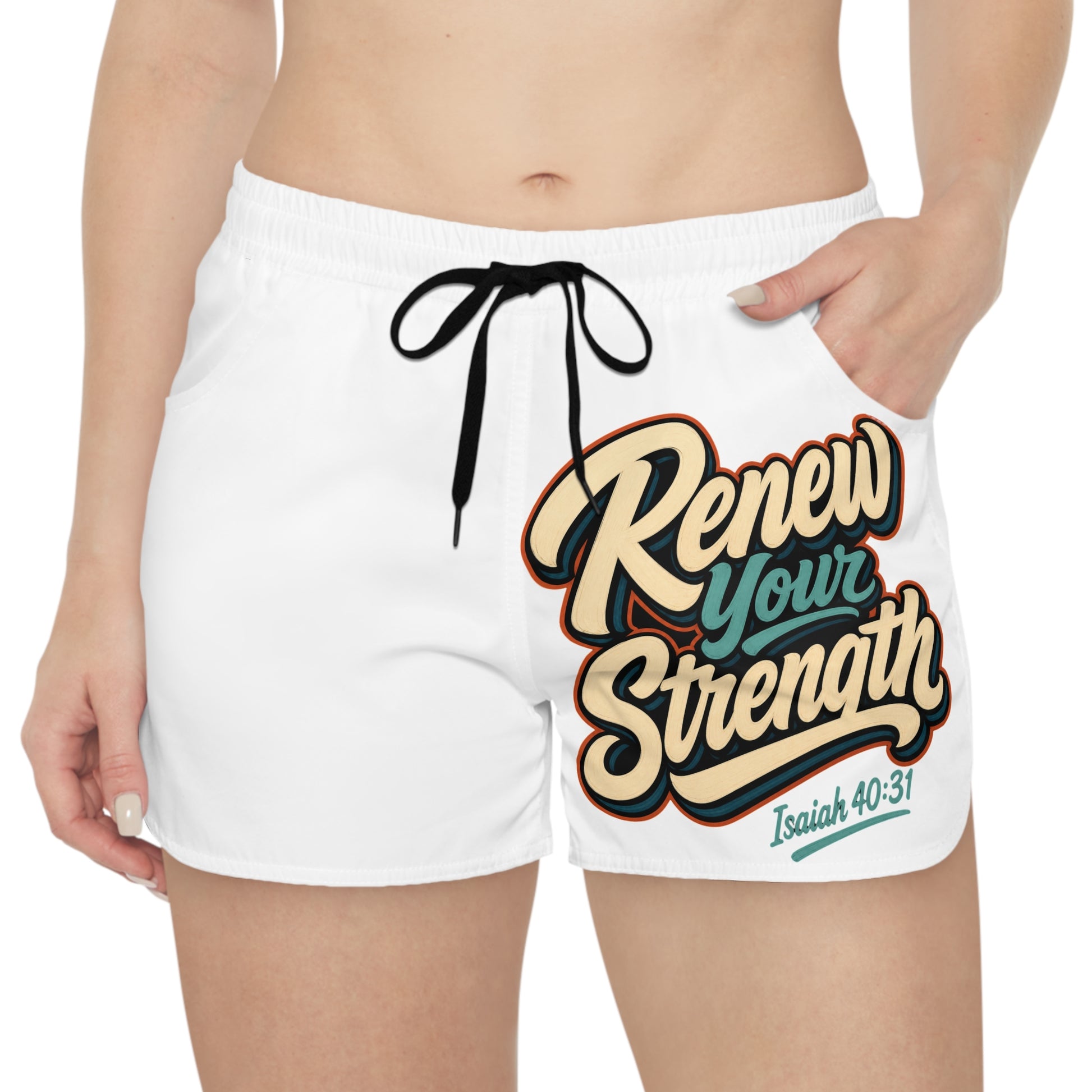 White shorts with "Renew your Strength Isaiah 40:31" graphic and black drawstring.