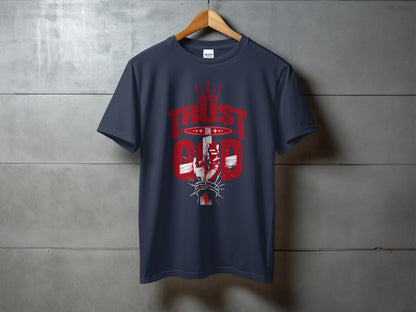 Navy t-shirt with red graphic of a hand gripping a cross with text "TRUST IN GOD".