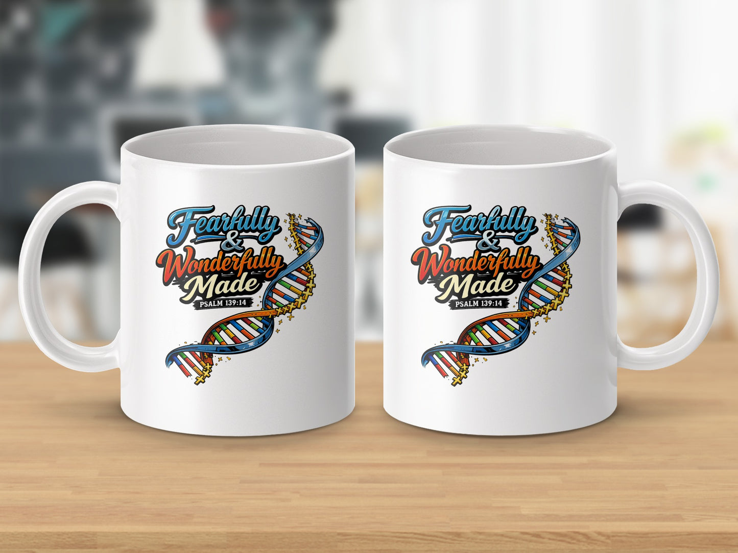 White mugs featuring "Fearfully & Wonderfully Made" and DNA helix design.