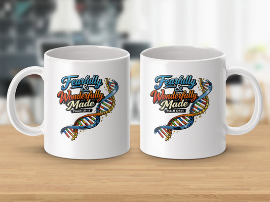 White mugs featuring "Fearfully & Wonderfully Made" and DNA helix design.