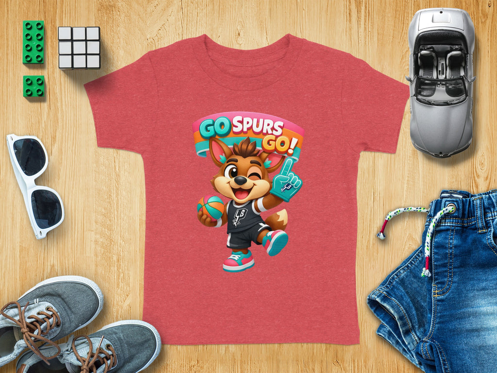 Red t-shirt with a cartoon fox character and "GO SPURS GO!" text.