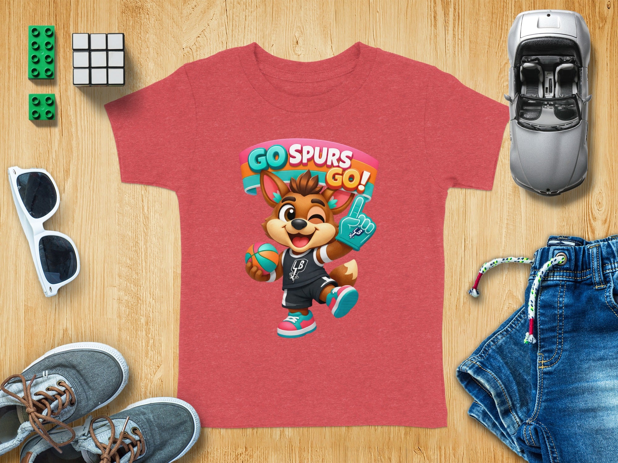 Red t-shirt with a cartoon fox character and "GO SPURS GO!" text.