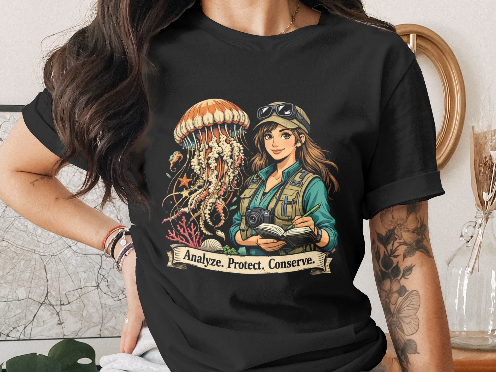 Illustration of a marine biologist and jellyfish with text "Analyze. Protect. Conserve."