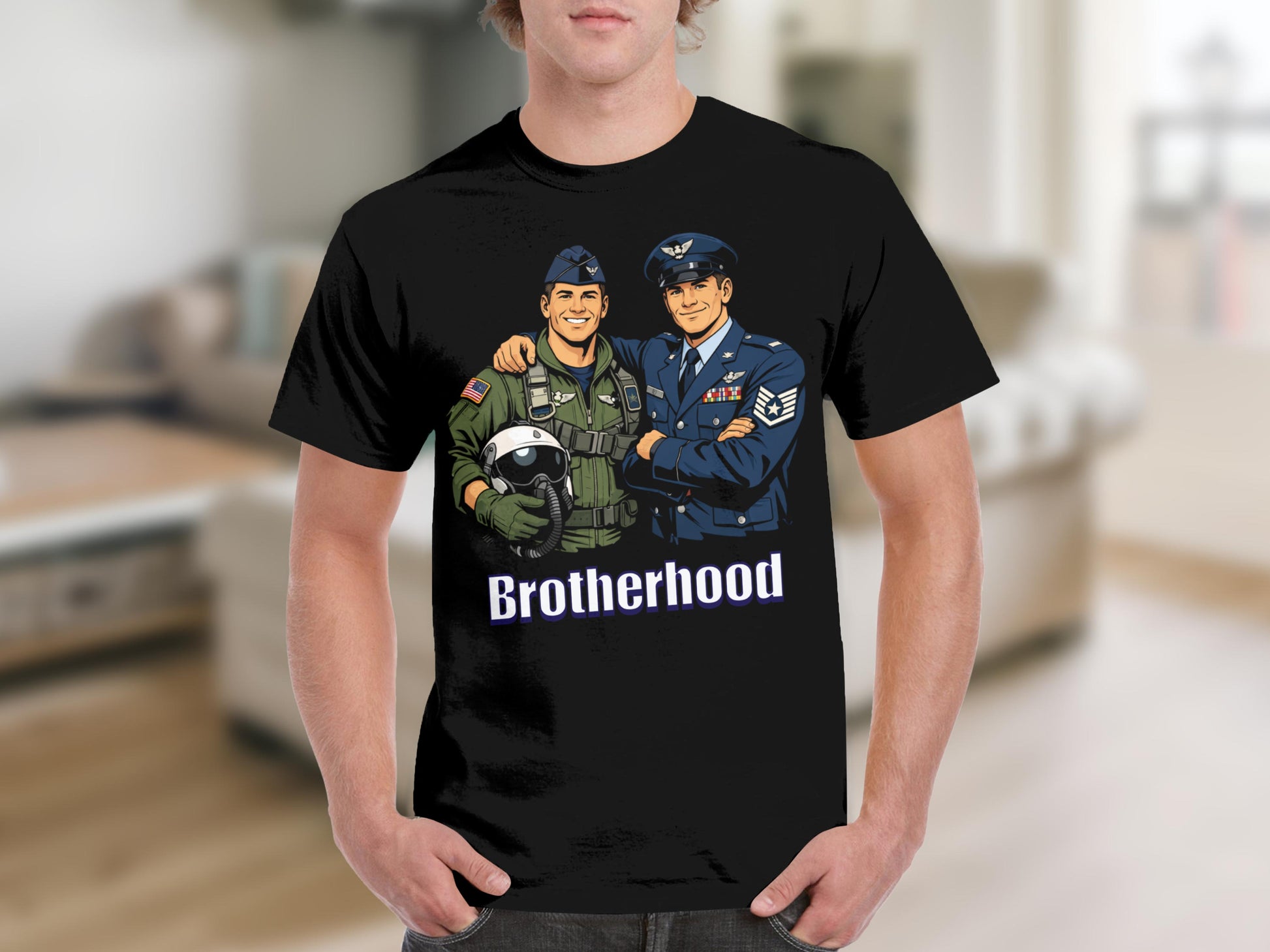 Black t-shirt with illustration of two smiling pilots and the word "Brotherhood".