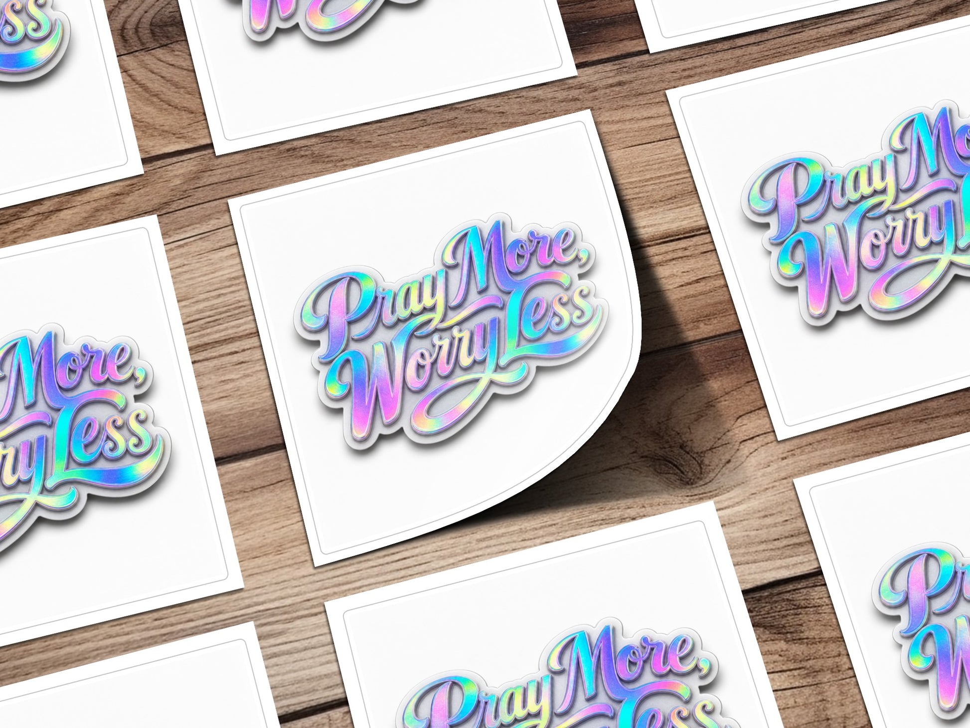 Holographic "Pray More, Worry Less" text on white cards on a wooden background.