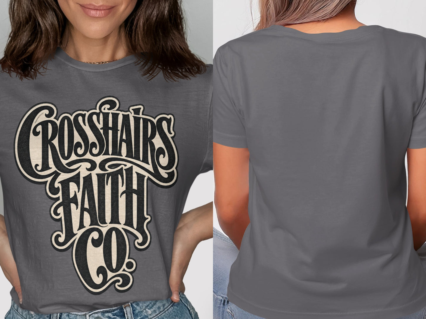 Dark gray t-shirt with white and black text reading "Crosshairs Faith Co."
