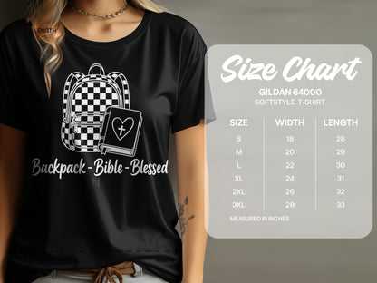 Black t-shirt with white graphic of checkered backpack and Bible, text Backpack-Bible-Blessed.