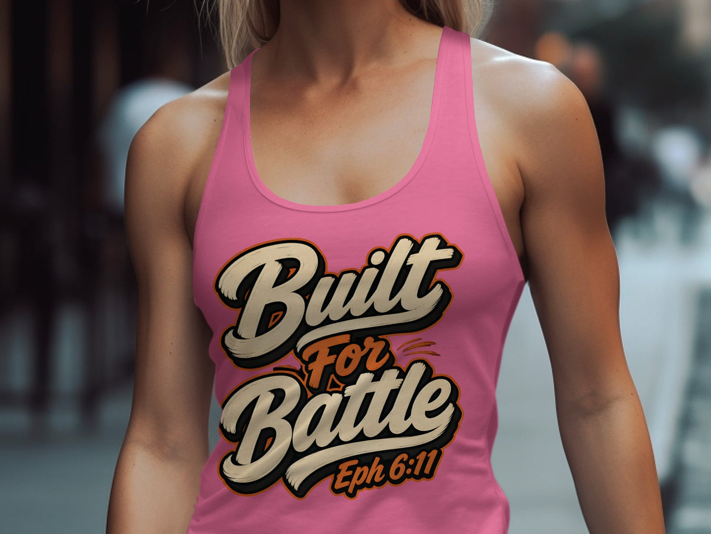 Pink tank top with text "Built For Battle Eph 6:11"