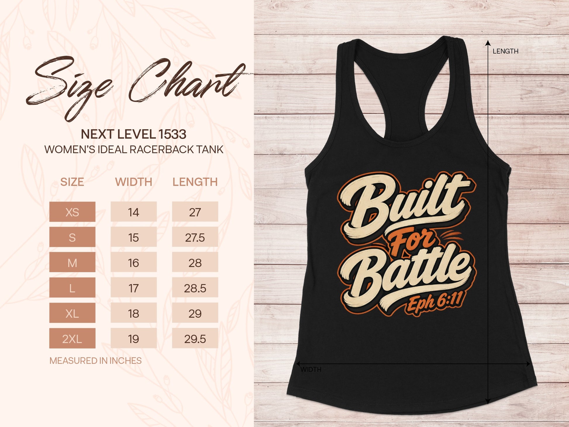 Black tank top with "Built For Battle Eph 6:11" graphic and a size chart.